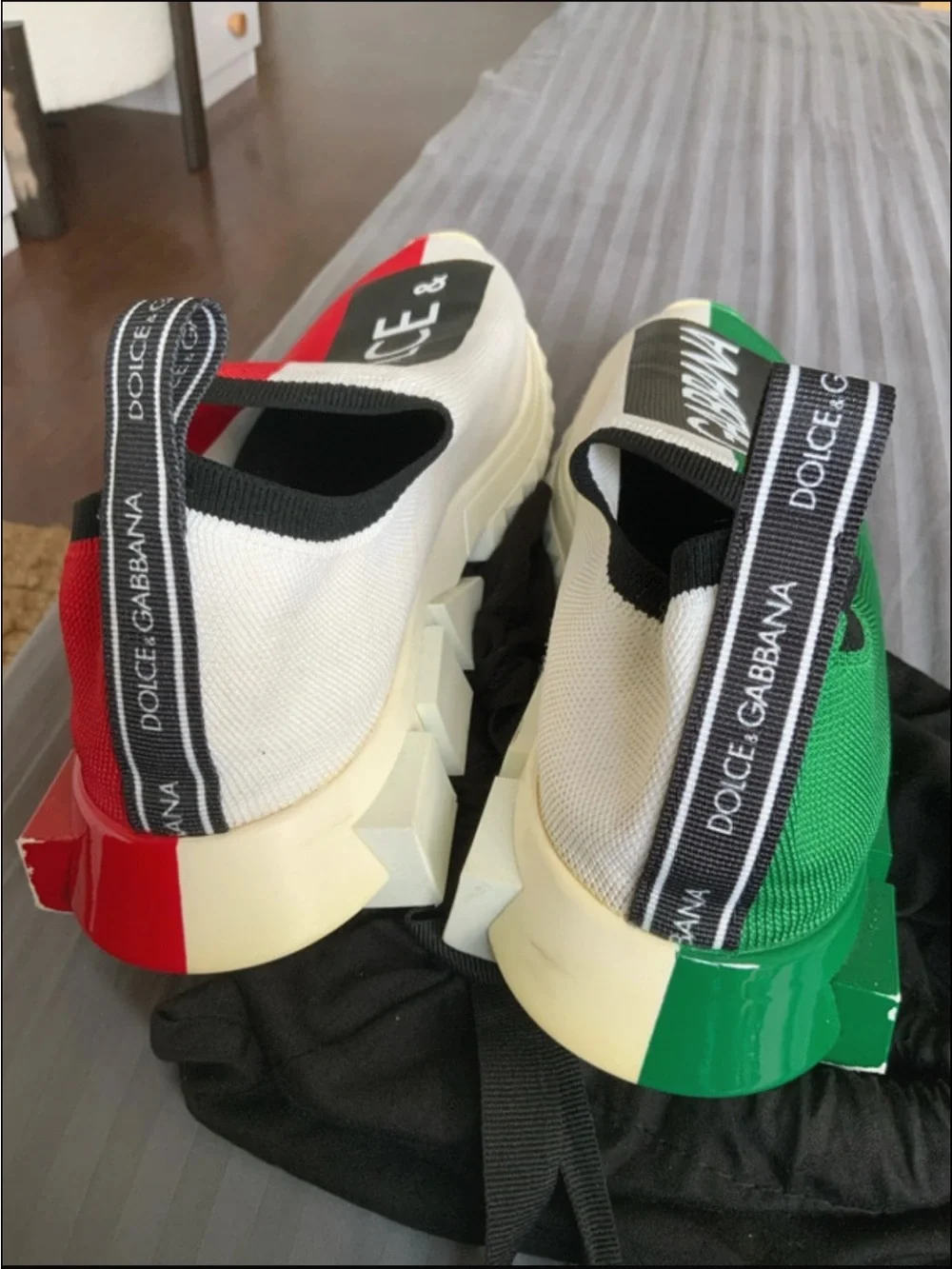 Dolce & Gabbana White Slip-On Sneakers with Red & Green Heel Accents